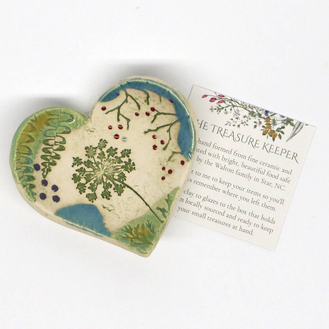 Pottery Dish Bowl - Heart Large Pressed Flowers Handmade USA