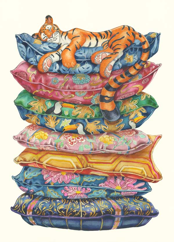 Tiger Asleep on a Pile of Cushions Card