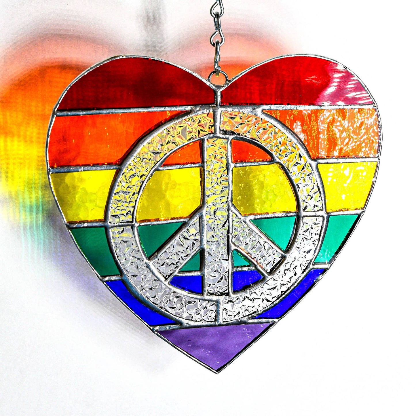 Rainbow Peace Heart Stained Glass Suncatcher 6.5" x 6.5"