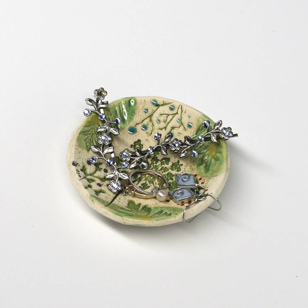Pottery Dish Bowl - Pressed Flowers Handmade USA