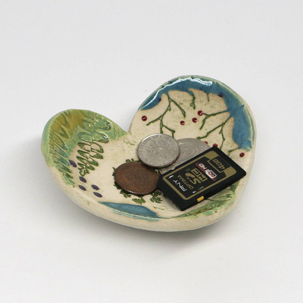 Pottery Dish Bowl - Heart Large Pressed Flowers Handmade USA
