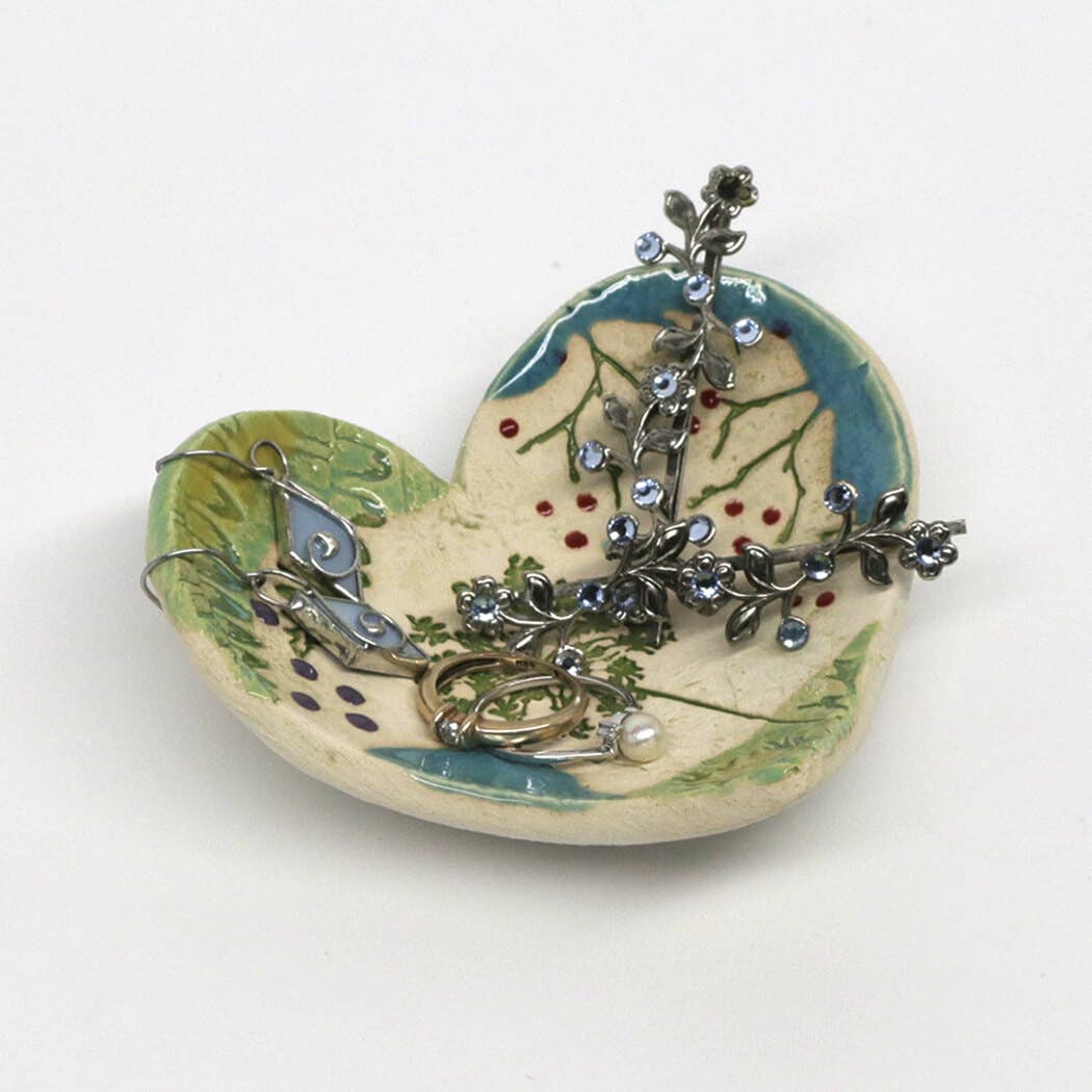 Pottery Dish Bowl - Heart Large Pressed Flowers Handmade USA