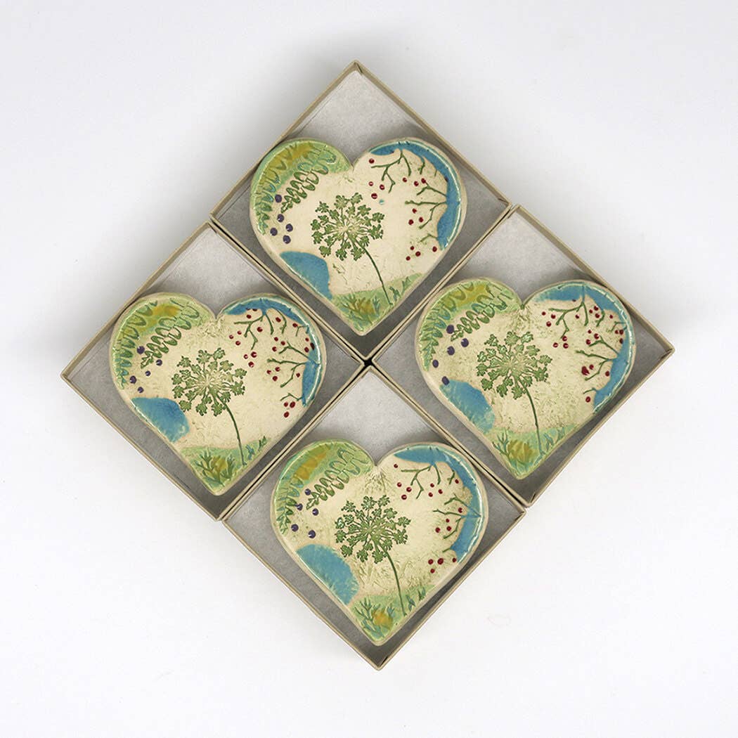 Pottery Dish Bowl - Heart Large Pressed Flowers Handmade USA