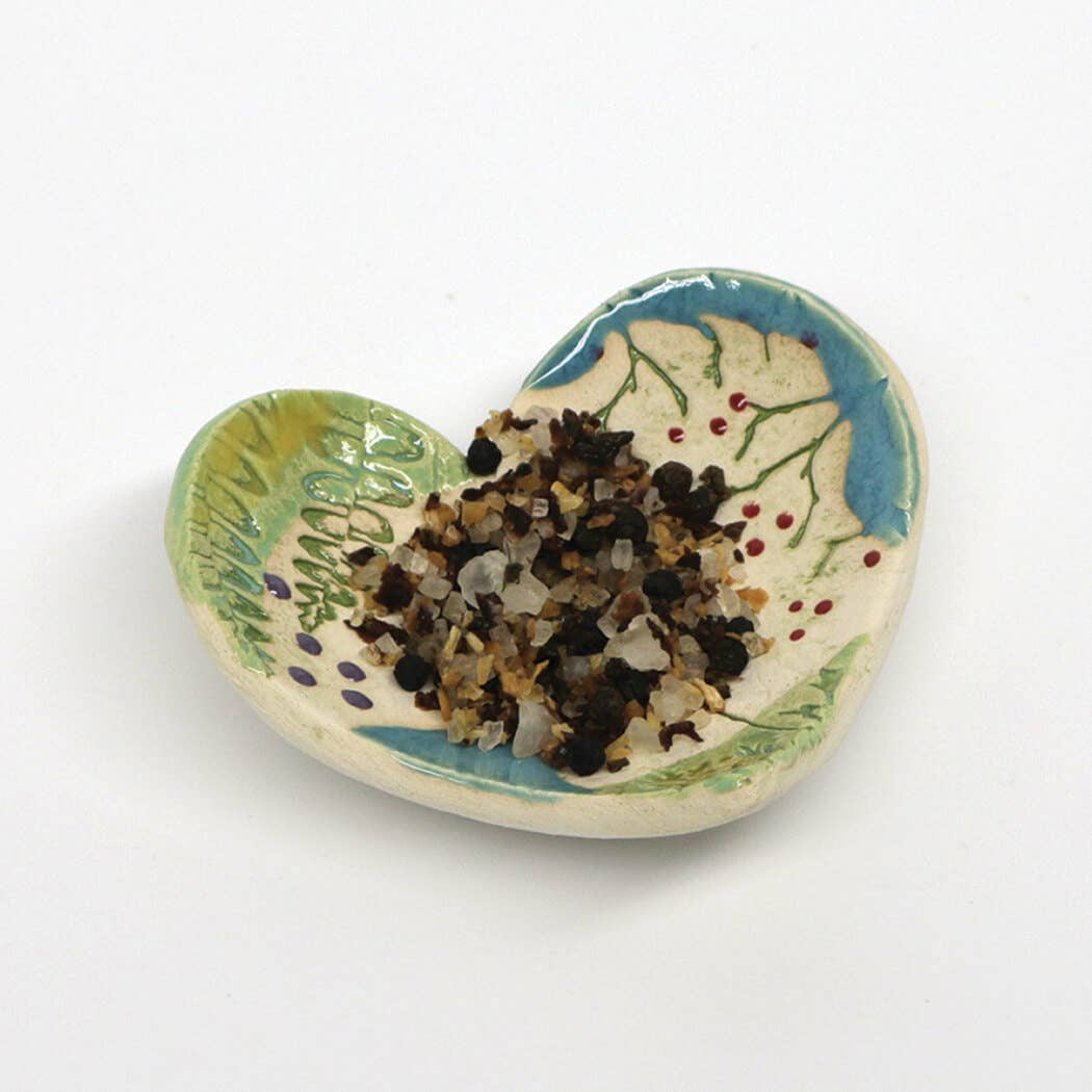 Pottery Dish Bowl - Heart Large Pressed Flowers Handmade USA