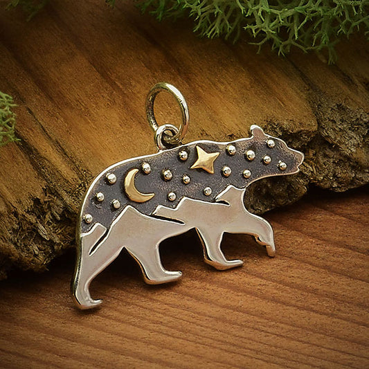 Silver Bear Charm with Mountains and Bronze Moon