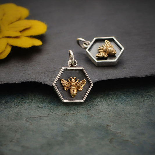 Sterling Silver Hexagon Charm with Bronze Bee