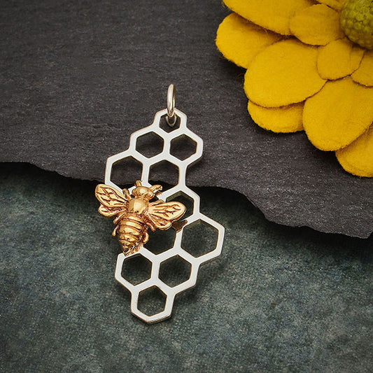 Sterling Silver Honeycomb Pendant with Bronze Bee