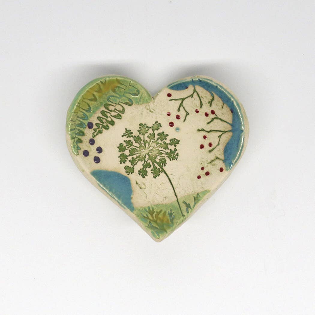 Pottery Dish Bowl - Heart Large Pressed Flowers Handmade USA