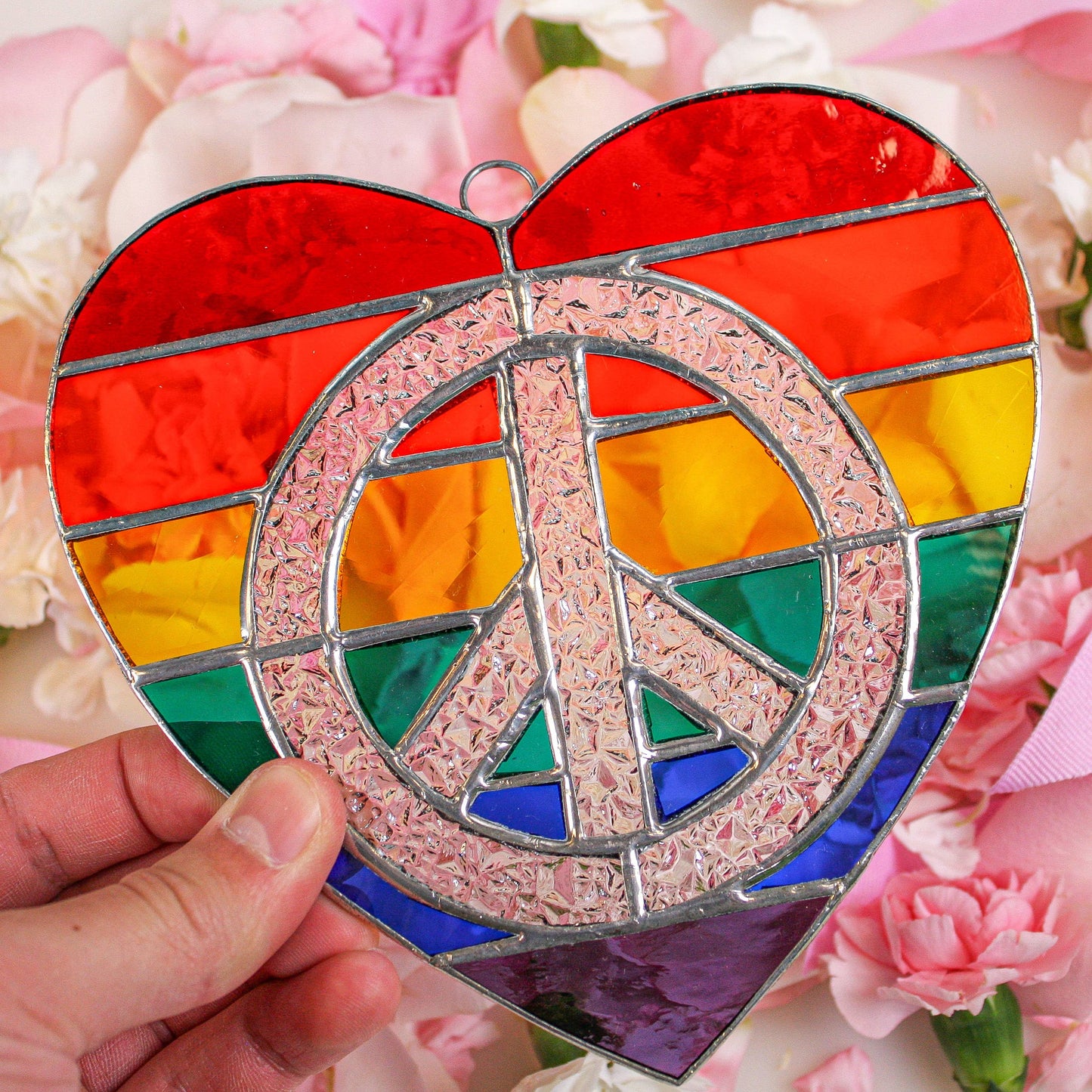 Rainbow Peace Heart Stained Glass Suncatcher 6.5" x 6.5"