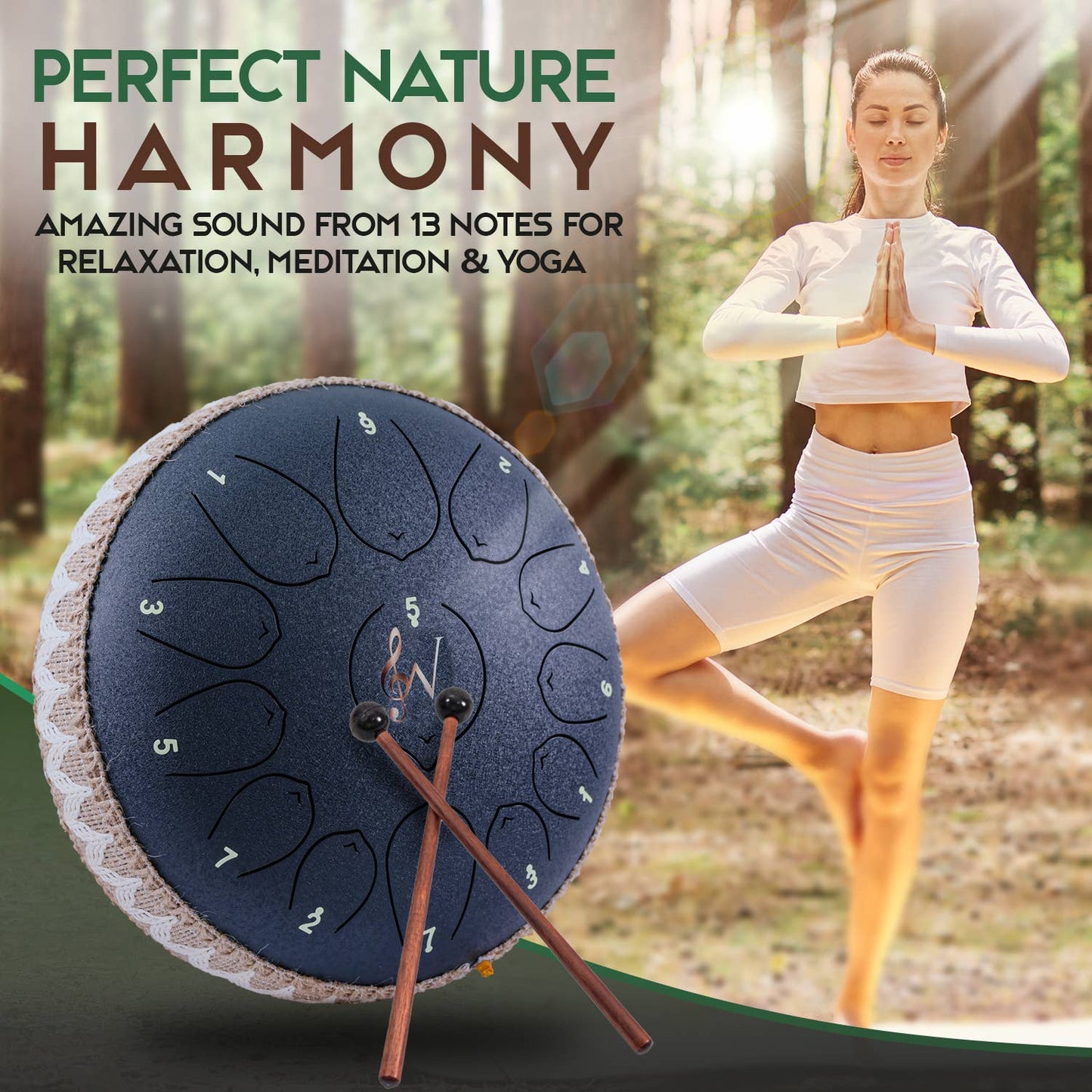 12-Inch Steel Tongue Drum - 13 Notes - Rain Drum - Blue