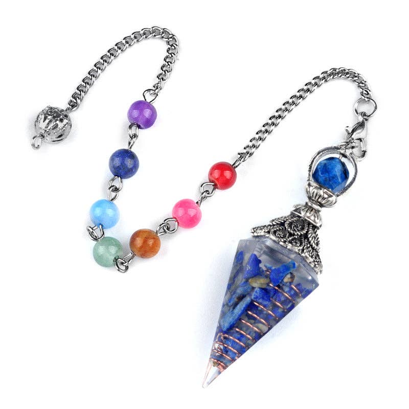 Hexagonal Cone Gravel Pendulum with Chakra Chain - CS