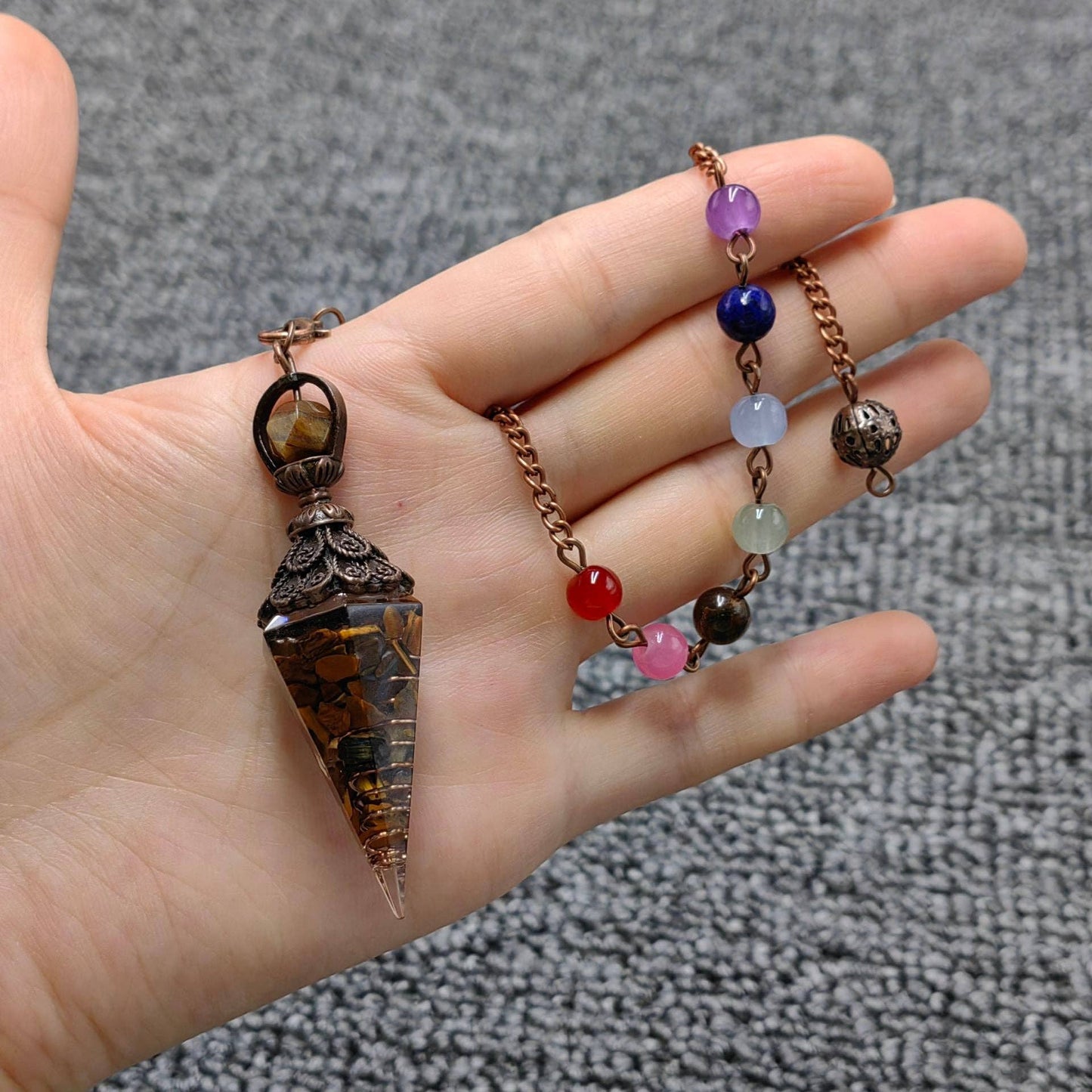 Hexagonal Cone Stone Pendulum with Chakra Chain - CS