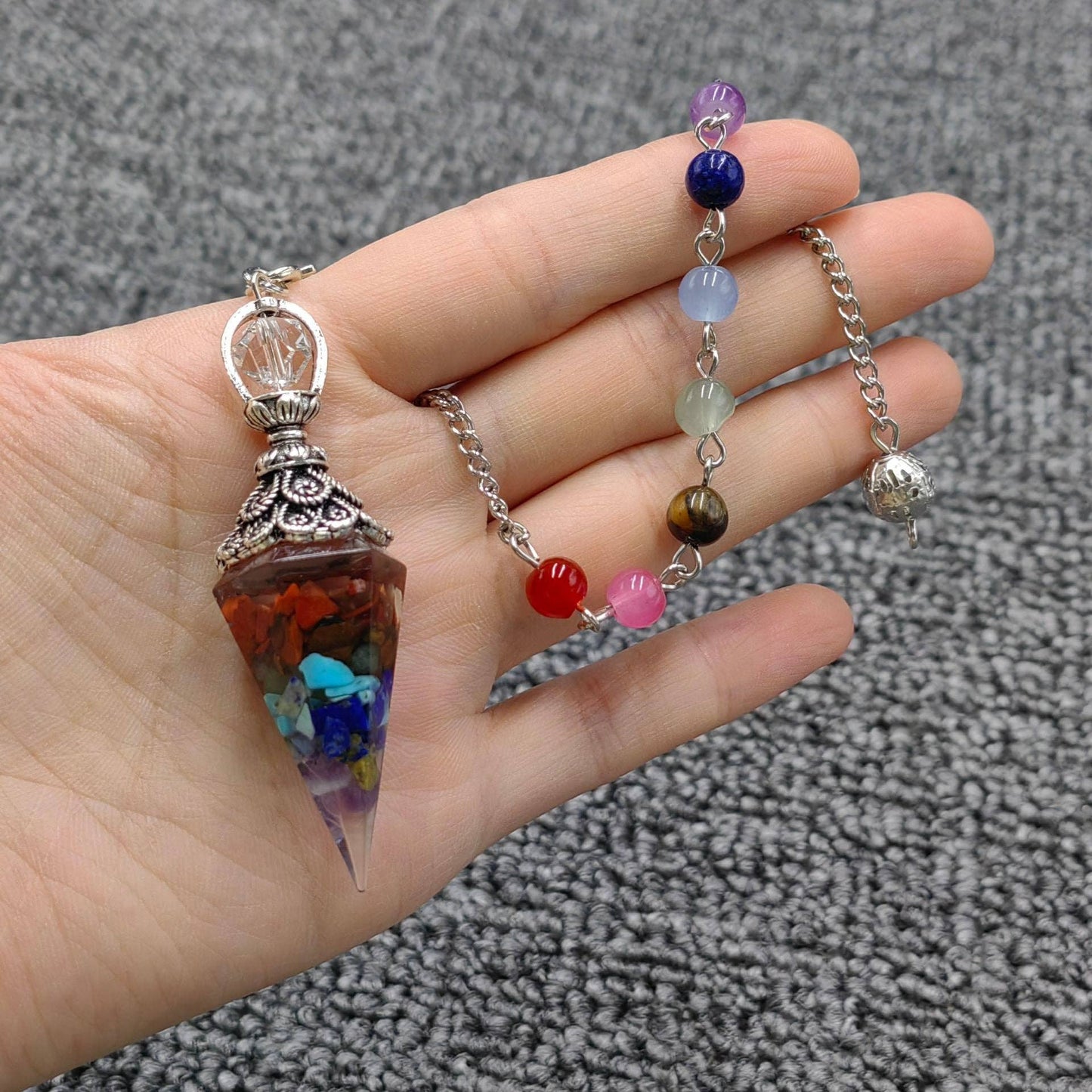 Hexagonal Cone Gravel Pendulum with Chakra Chain - CS