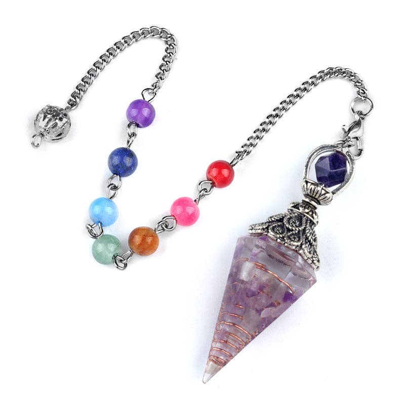 Hexagonal Cone Gravel Pendulum with Chakra Chain - CS