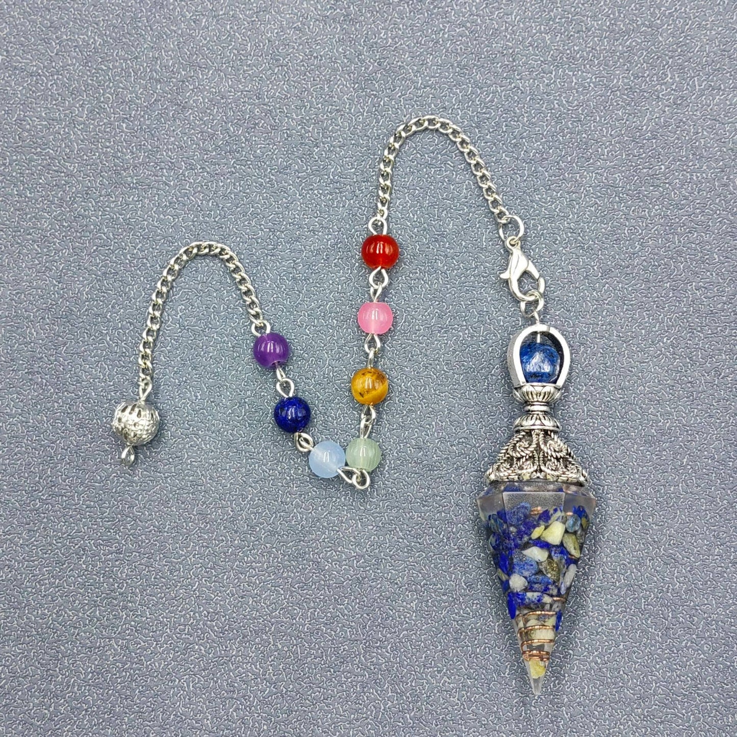 Hexagonal Cone Gravel Pendulum with Chakra Chain - CS