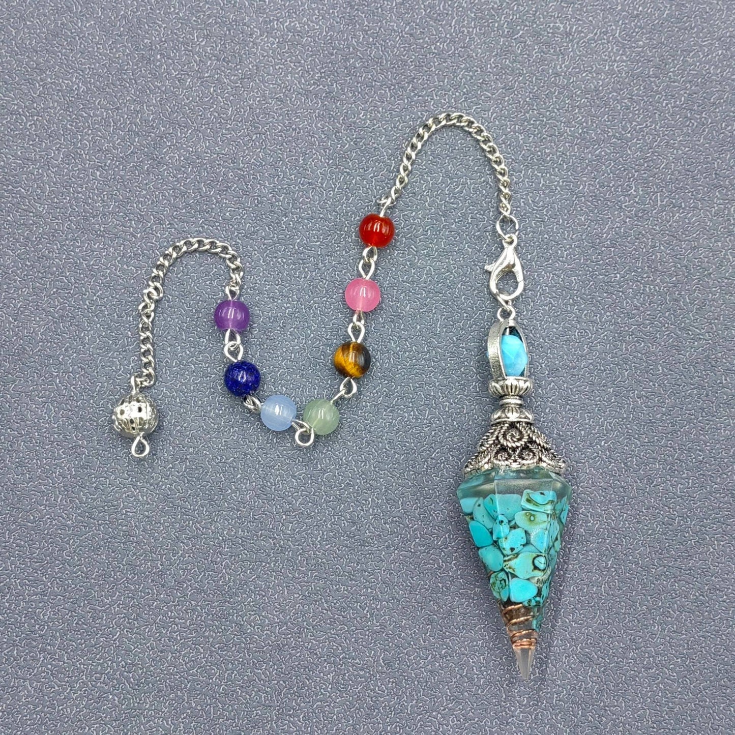 Hexagonal Cone Gravel Pendulum with Chakra Chain - CS