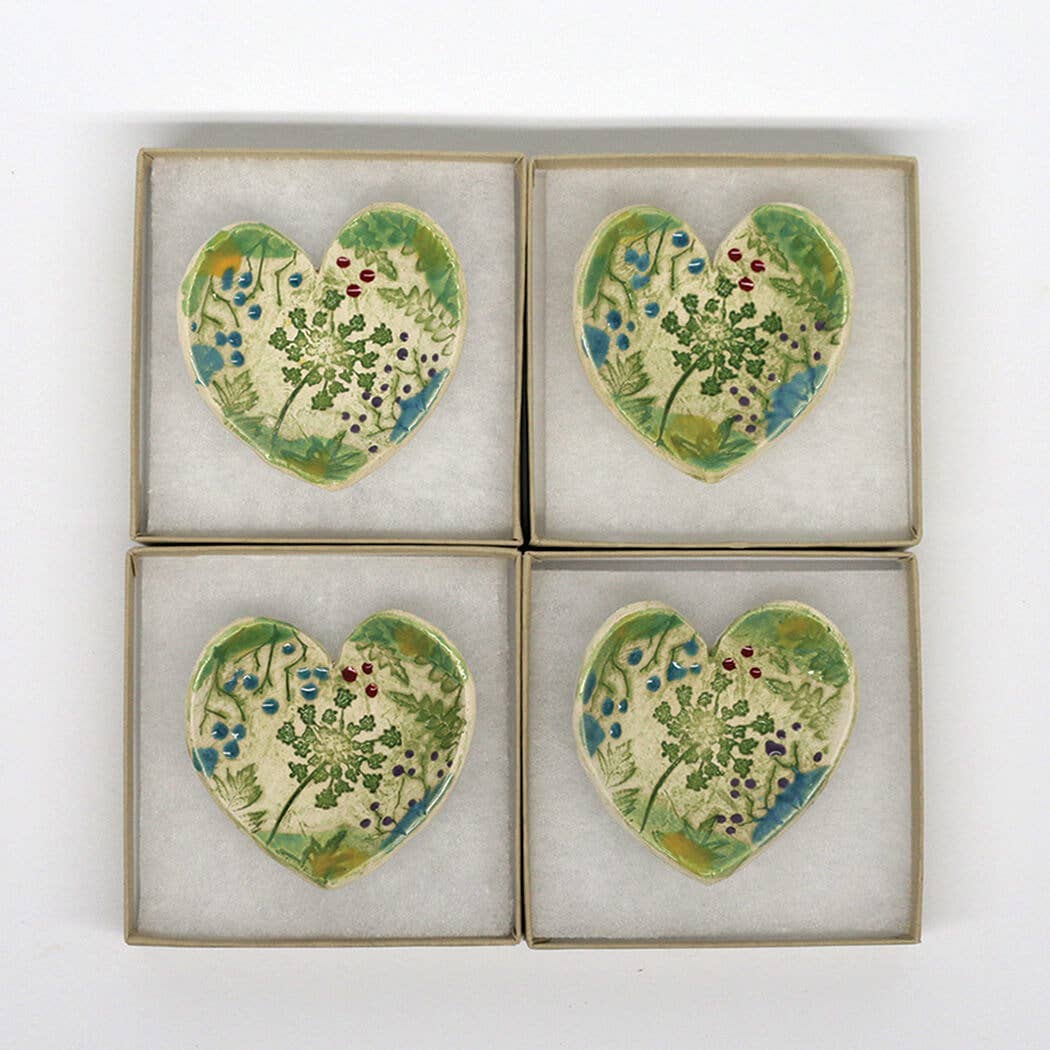 Pottery Dish Bowl - Heart Small Pressed Flowers Handmade USA