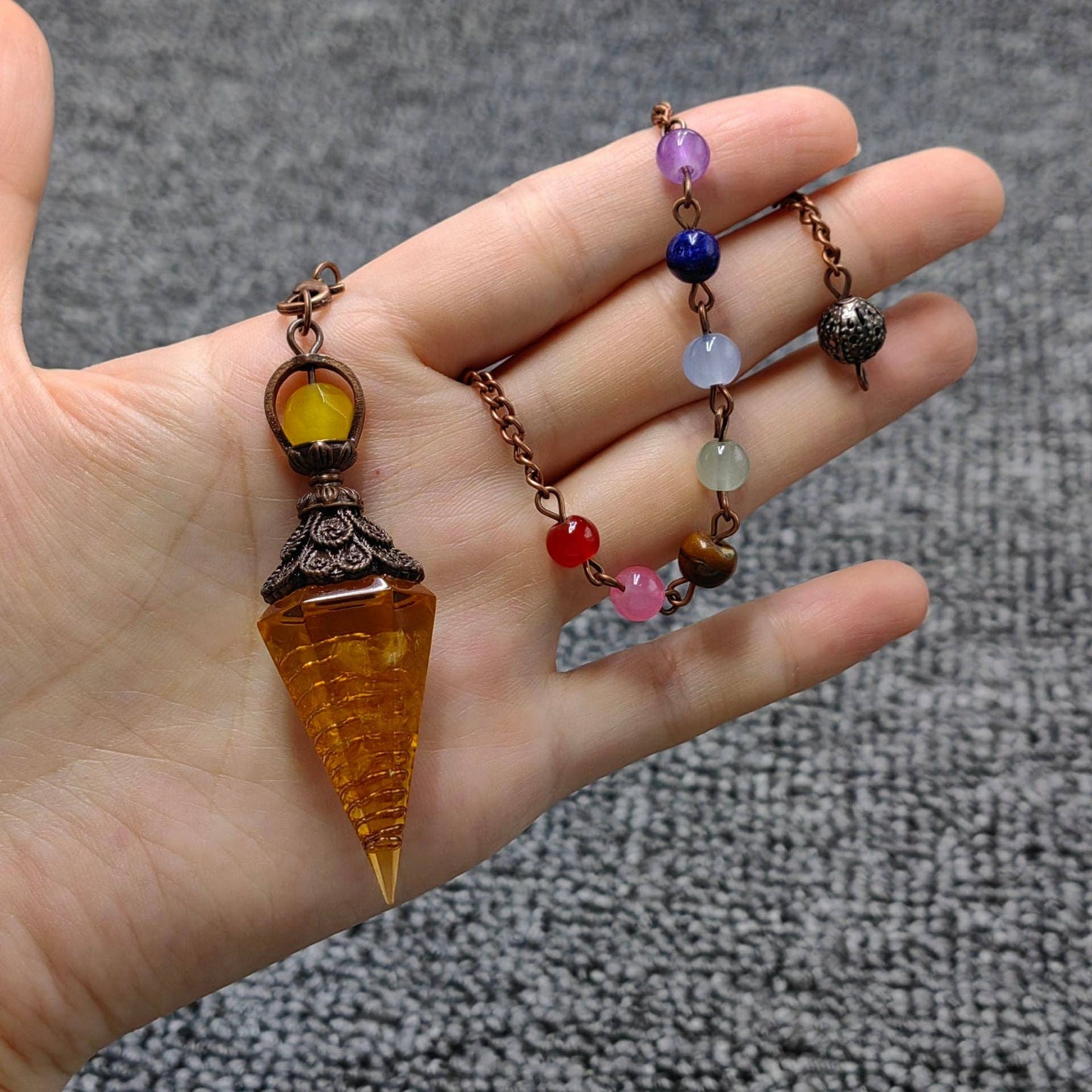 Hexagonal Cone Stone Pendulum with Chakra Chain - CS