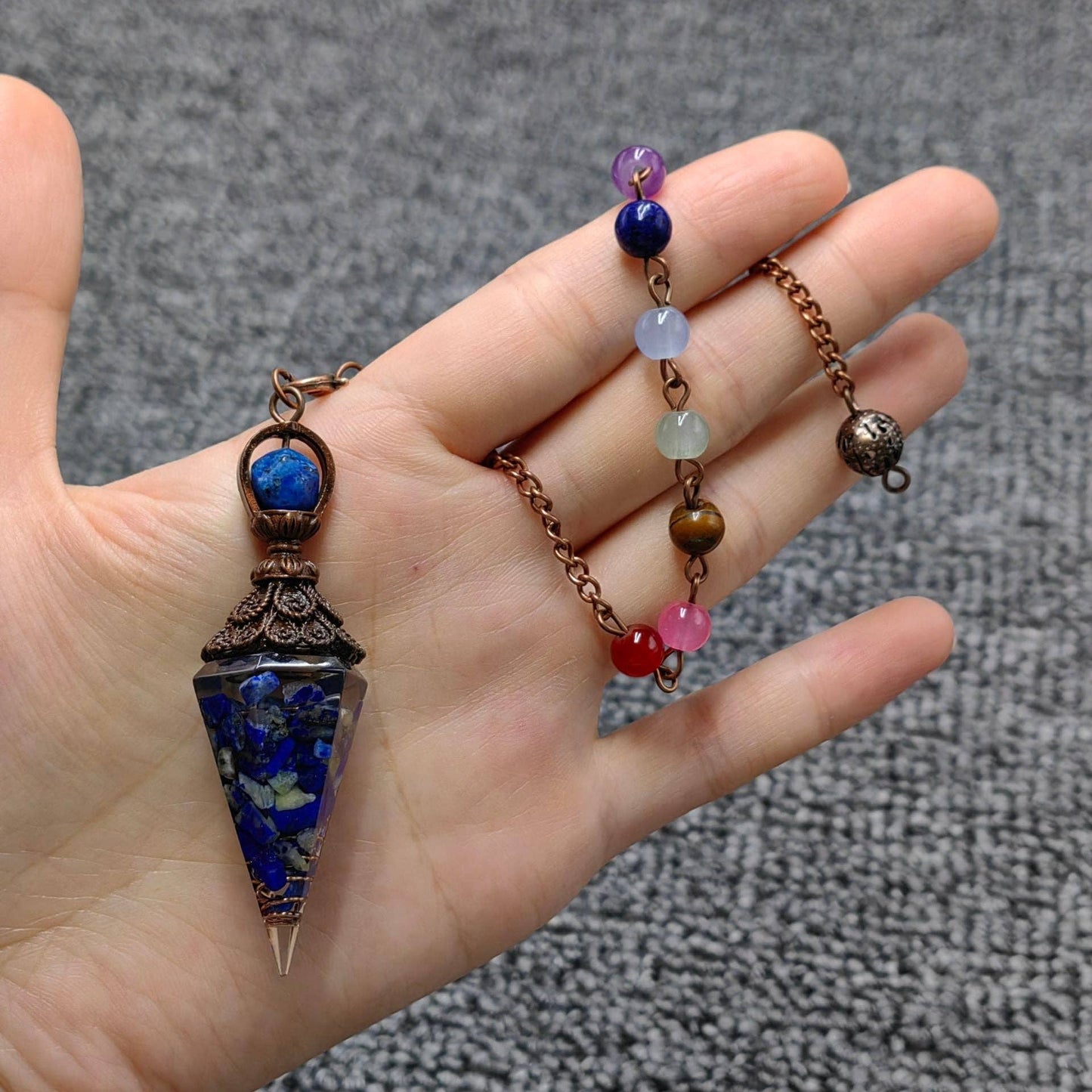 Hexagonal Cone Stone Pendulum with Chakra Chain - CS