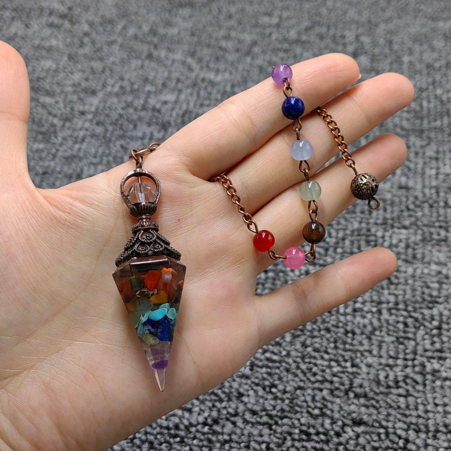 Hexagonal Cone Stone Pendulum with Chakra Chain - CS