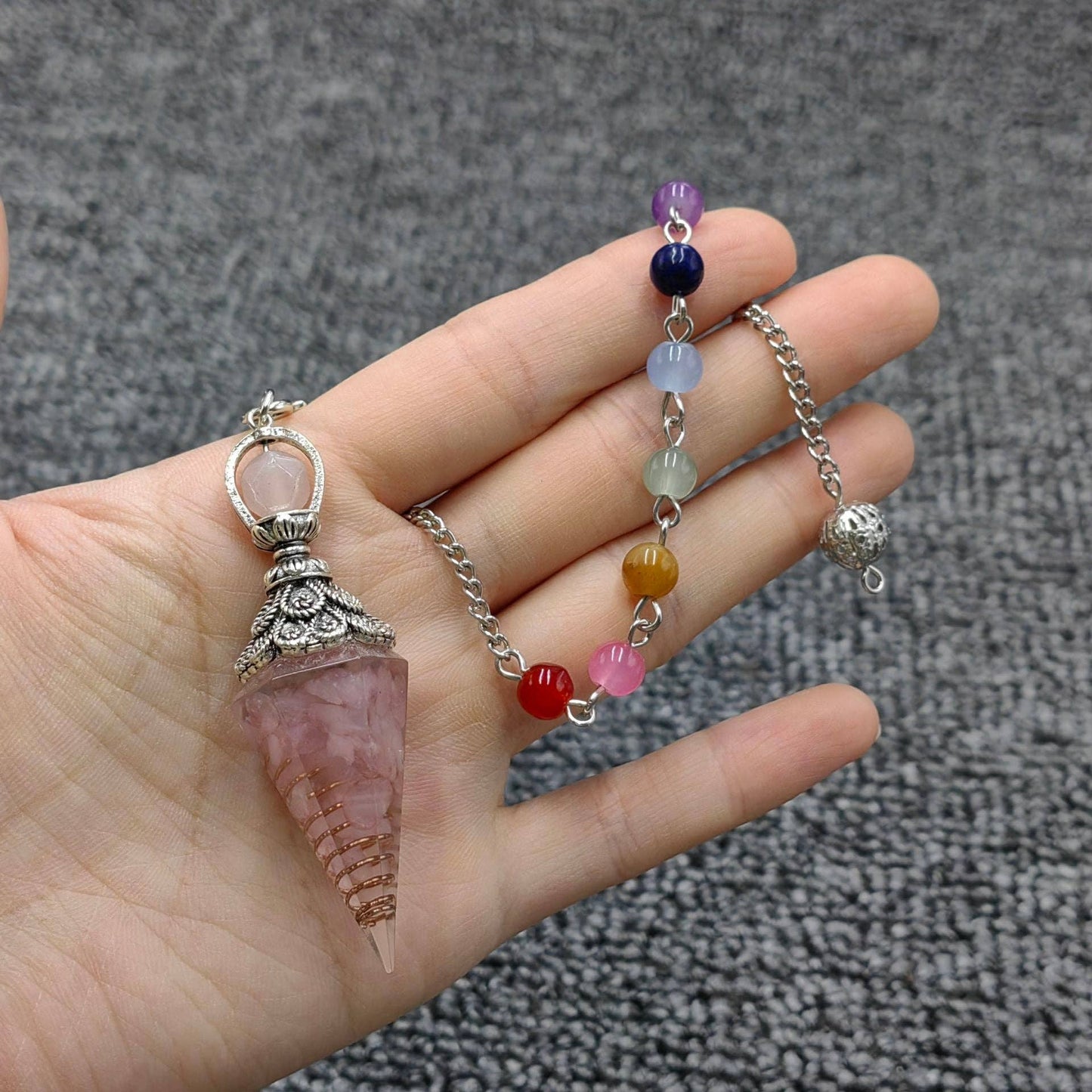 Hexagonal Cone Gravel Pendulum with Chakra Chain - CS