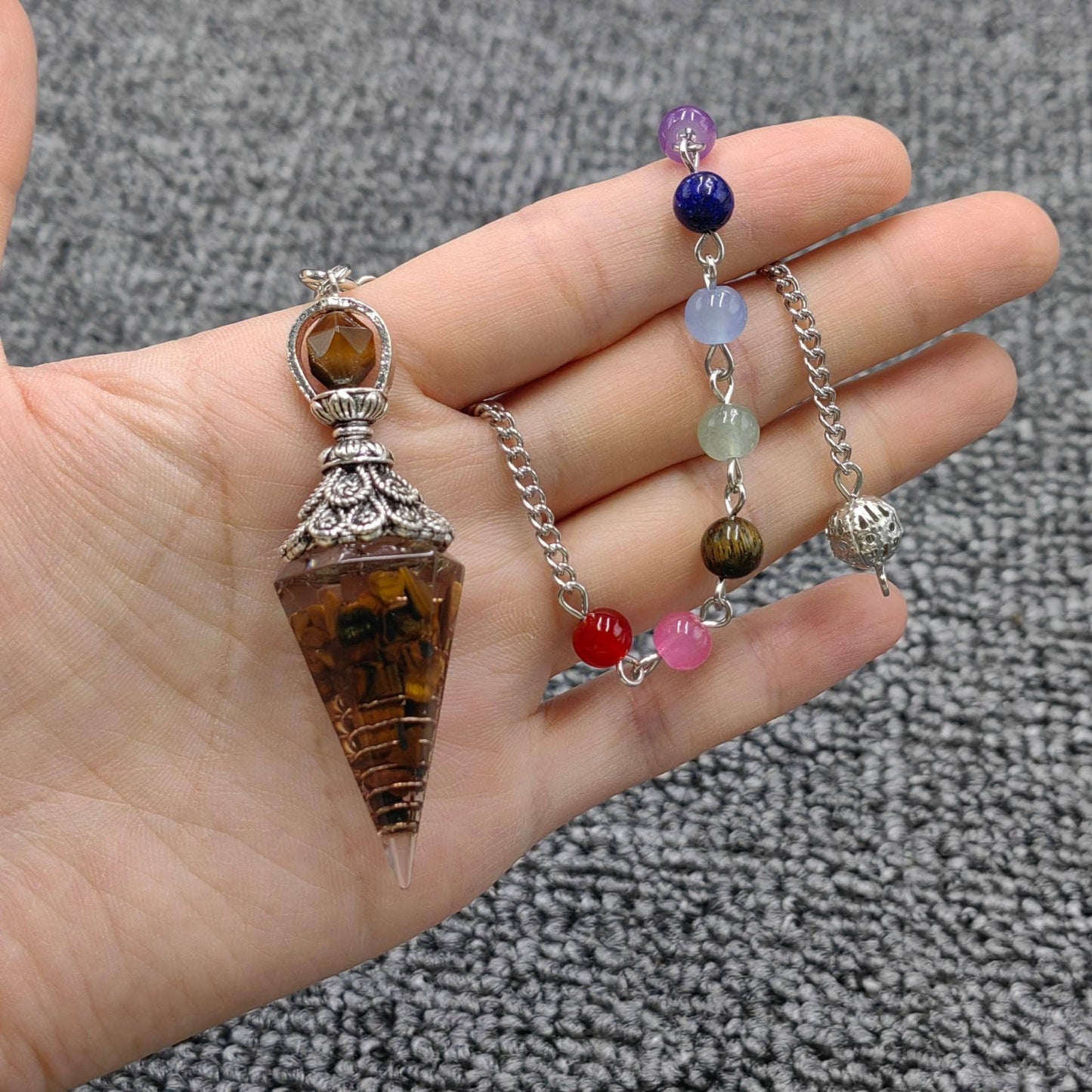 Hexagonal Cone Gravel Pendulum with Chakra Chain - CS