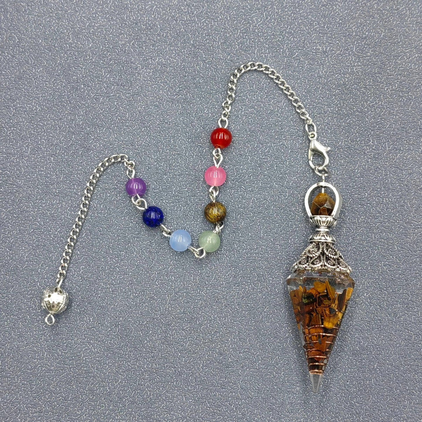 Hexagonal Cone Gravel Pendulum with Chakra Chain - CS