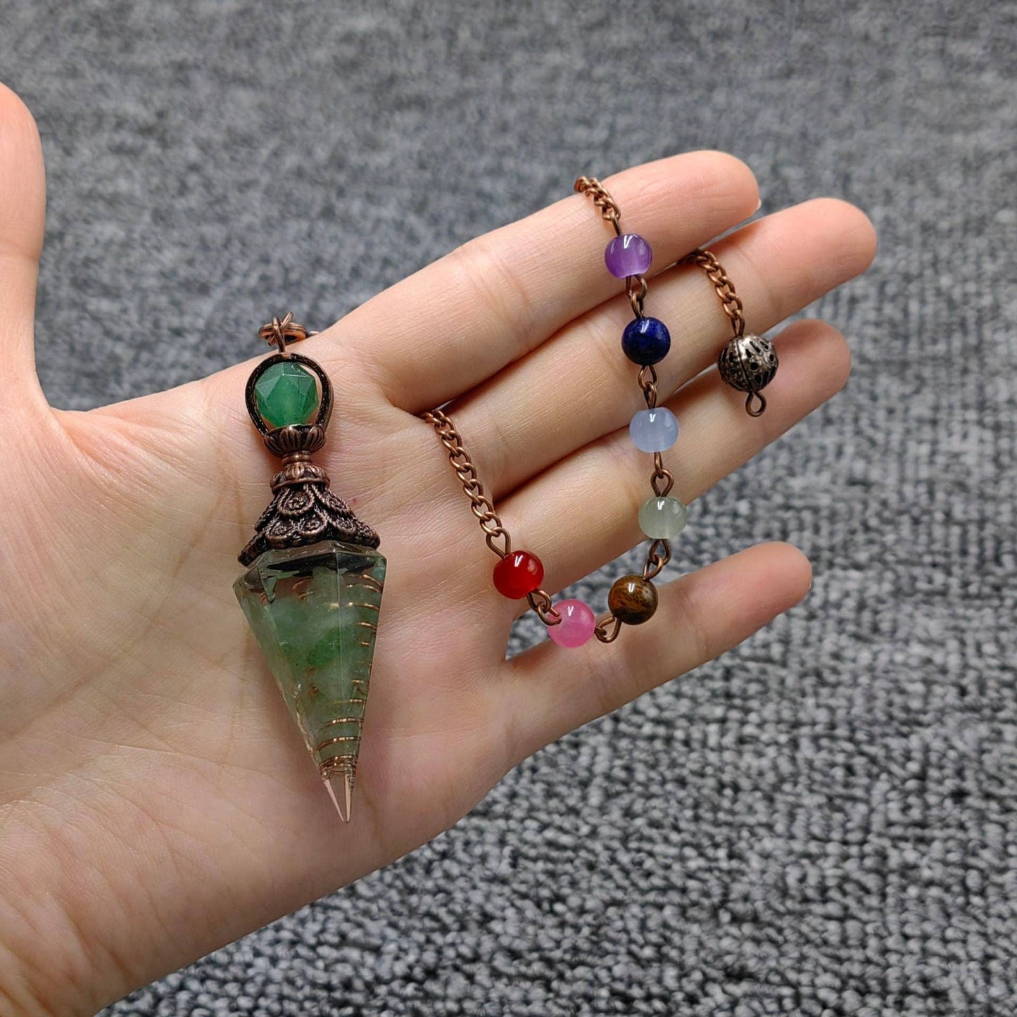 Hexagonal Cone Stone Pendulum with Chakra Chain - CS