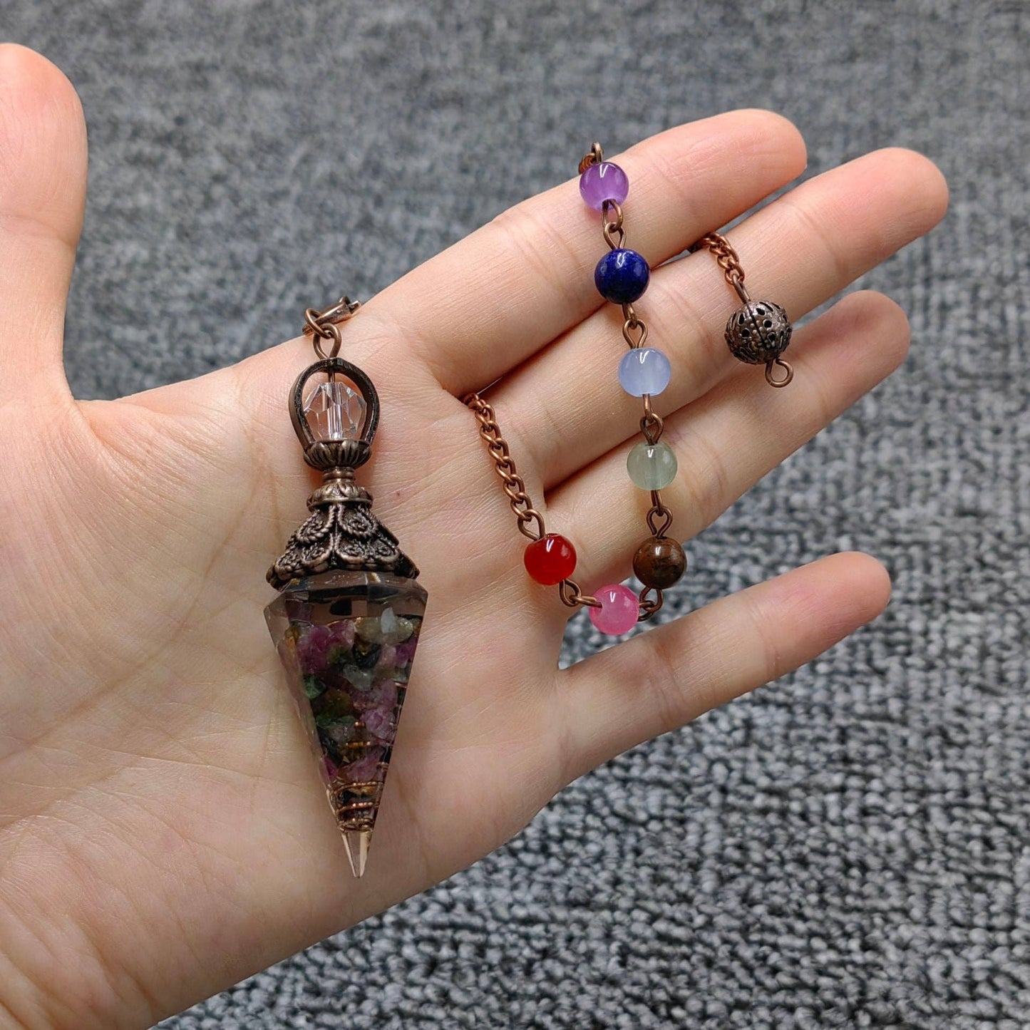 Hexagonal Cone Stone Pendulum with Chakra Chain - CS