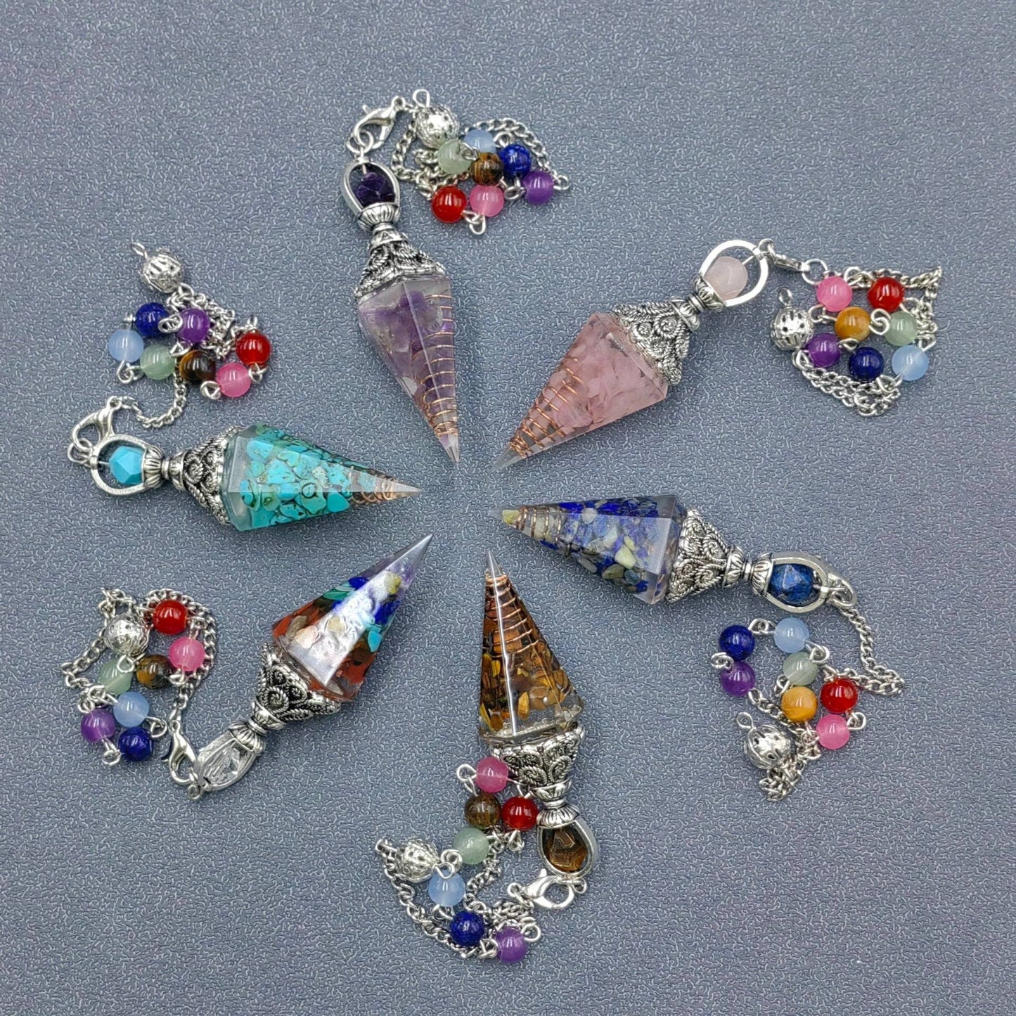 Hexagonal Cone Gravel Pendulum with Chakra Chain - CS