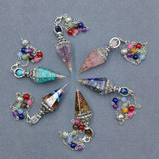 Hexagonal Cone Gravel Pendulum with Chakra Chain - CS