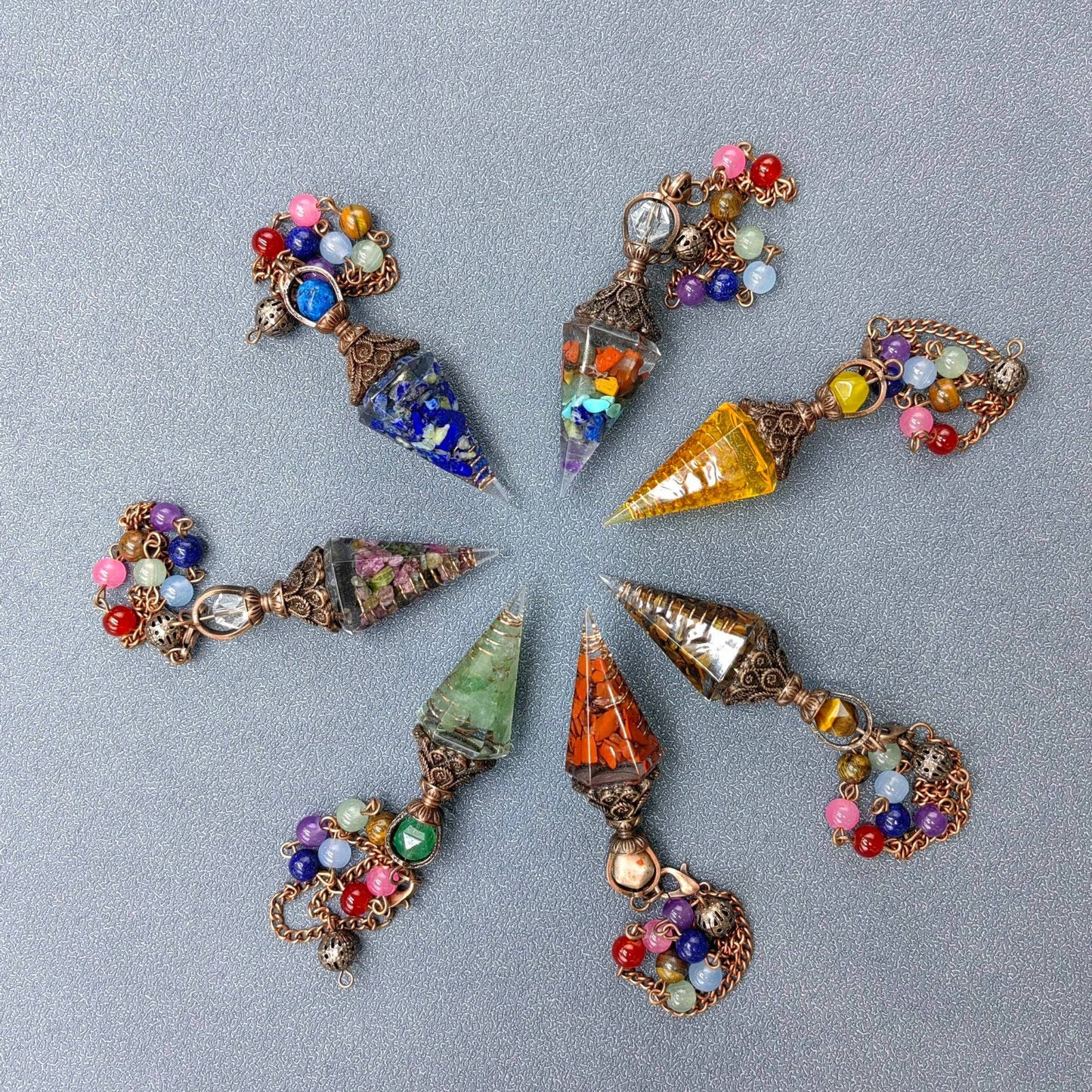 Hexagonal Cone Stone Pendulum with Chakra Chain - CS