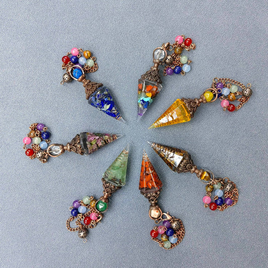 Hexagonal Cone Stone Pendulum with Chakra Chain - CS