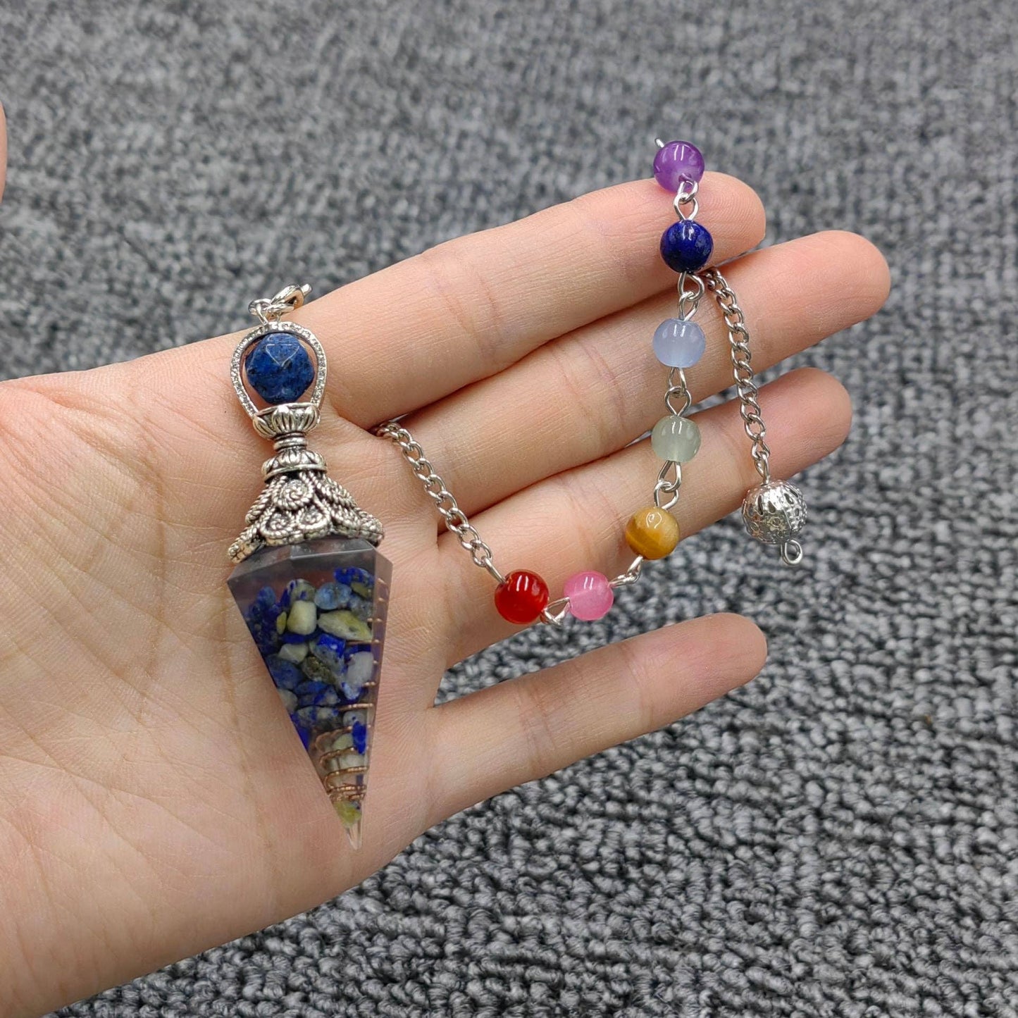 Hexagonal Cone Gravel Pendulum with Chakra Chain - CS