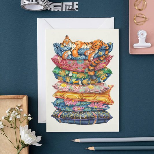 Tiger Asleep on a Pile of Cushions Card