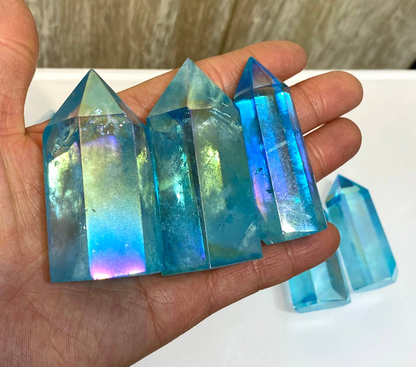 Aqua Aura Quartz Obelisk Tower