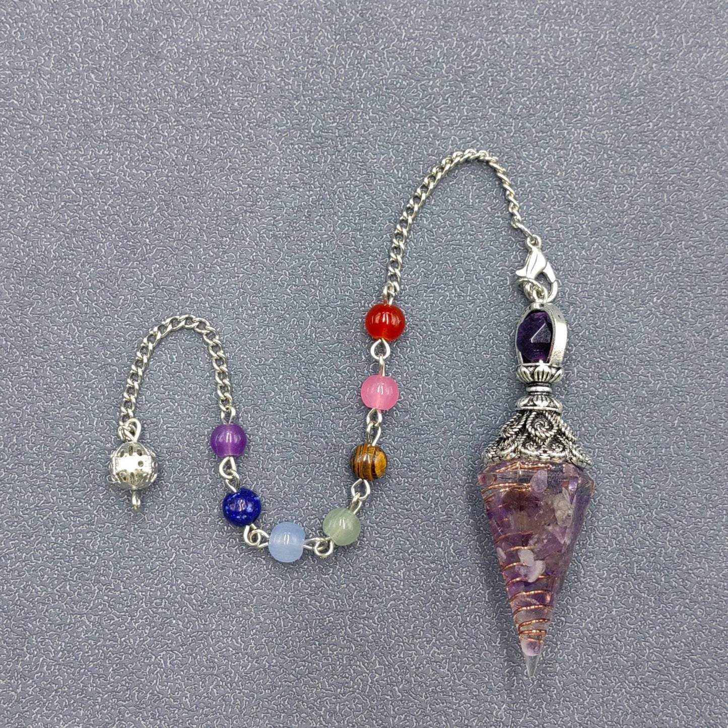 Hexagonal Cone Gravel Pendulum with Chakra Chain - CS
