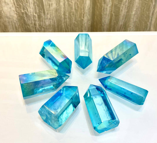 Aqua Aura Quartz Obelisk Tower