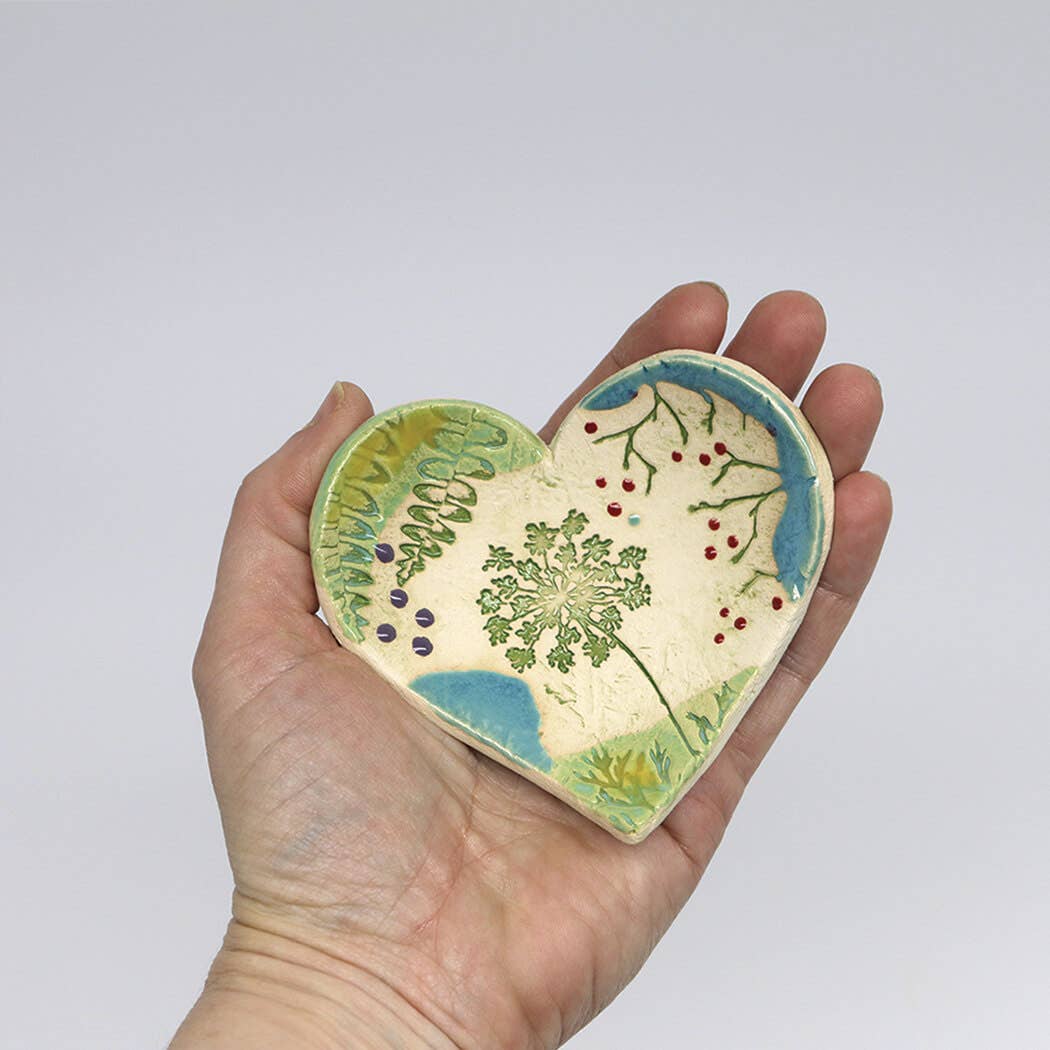 Pottery Dish Bowl - Heart Large Pressed Flowers Handmade USA