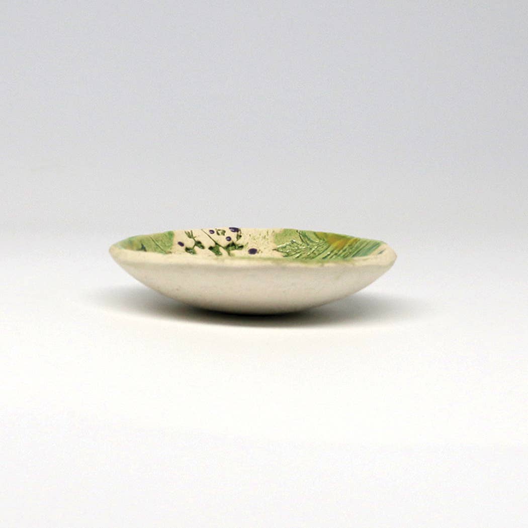 Pottery Dish Bowl - Pressed Flowers  Handmade USA