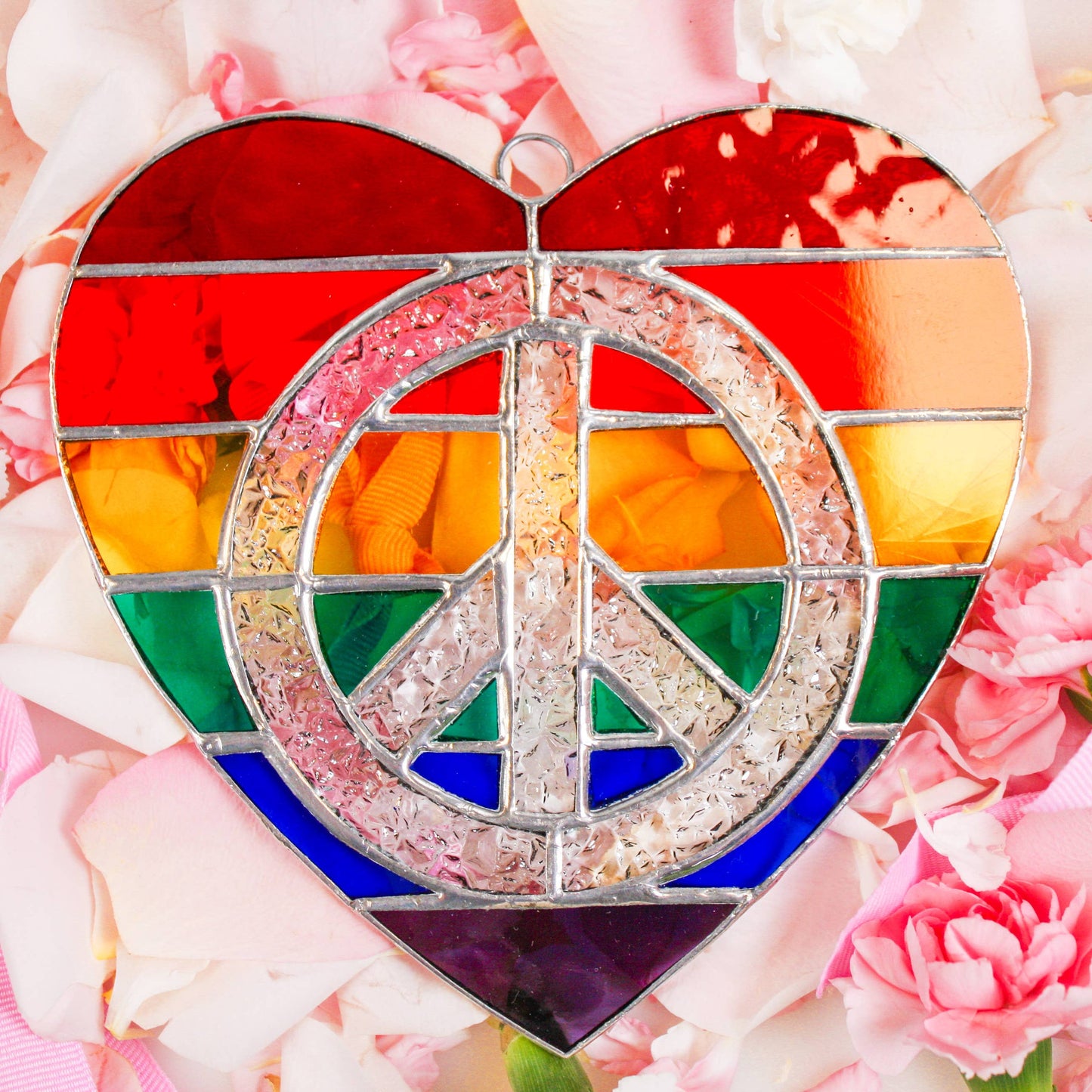 Rainbow Peace Heart Stained Glass Suncatcher 6.5" x 6.5"