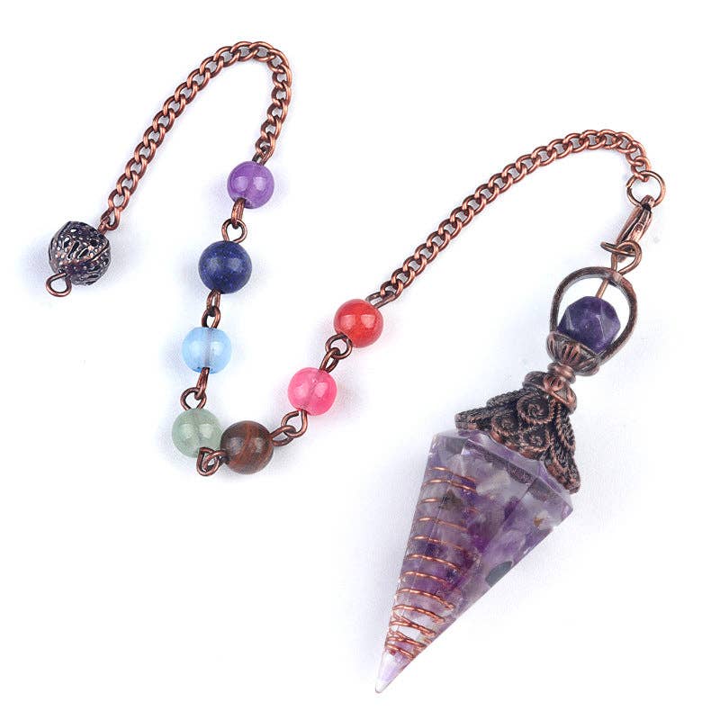 Hexagonal Cone Stone Pendulum with Chakra Chain - CS