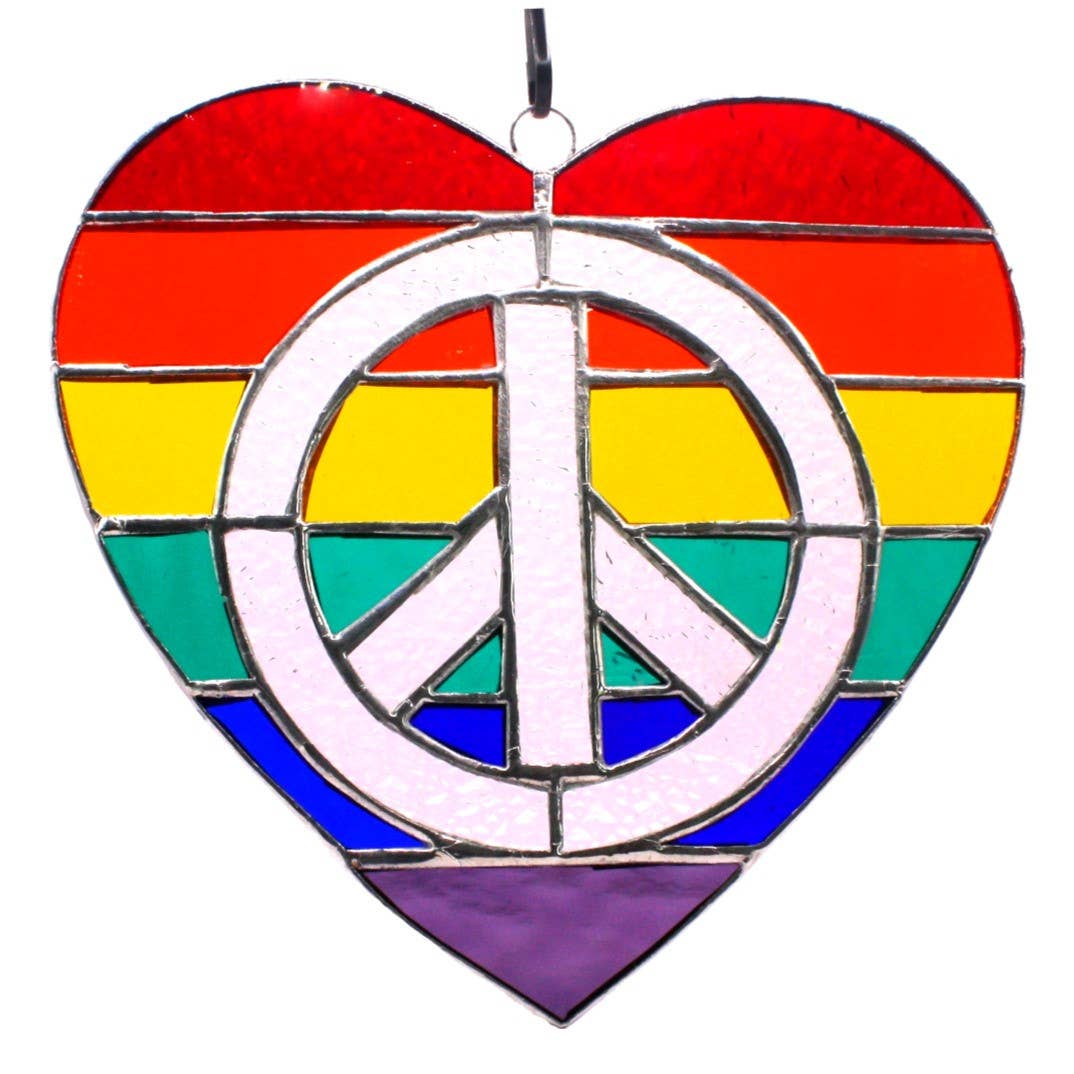 Rainbow Peace Heart Stained Glass Suncatcher 6.5" x 6.5"