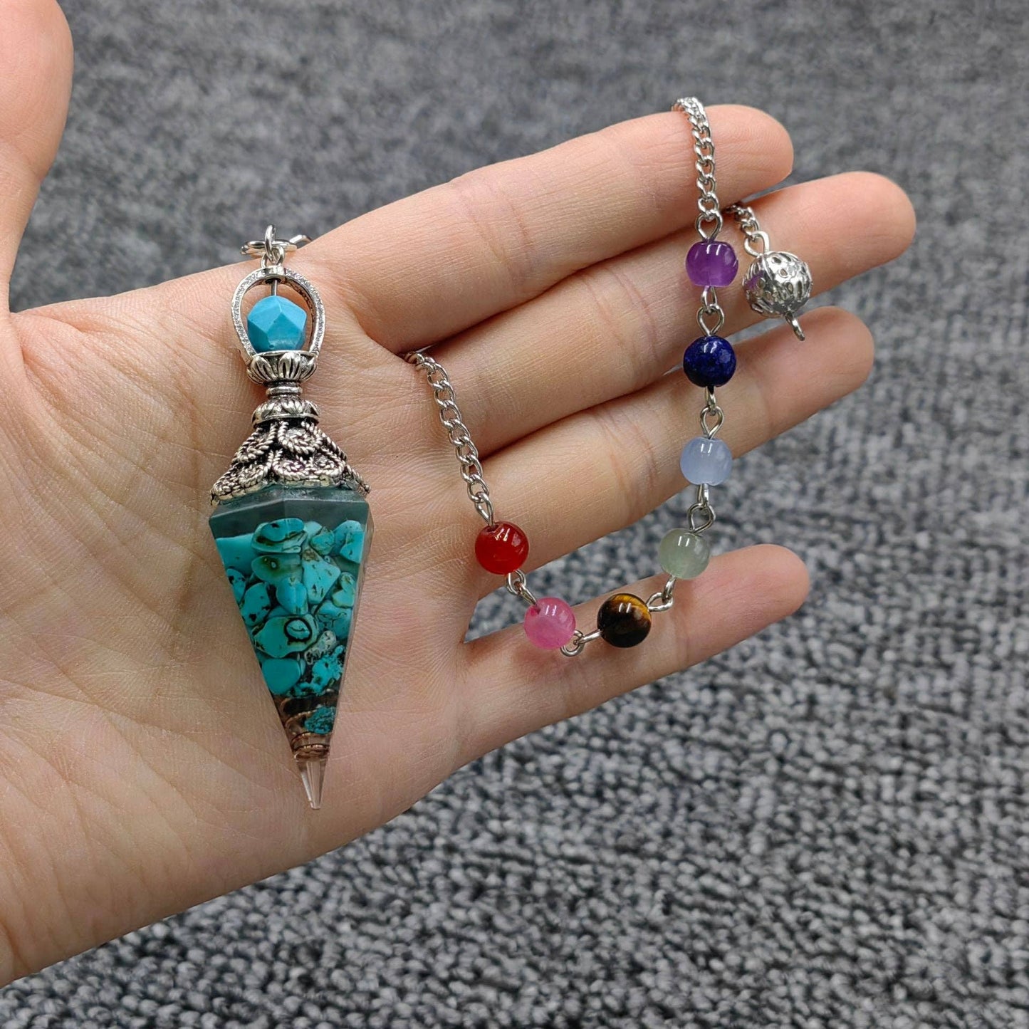 Hexagonal Cone Gravel Pendulum with Chakra Chain - CS