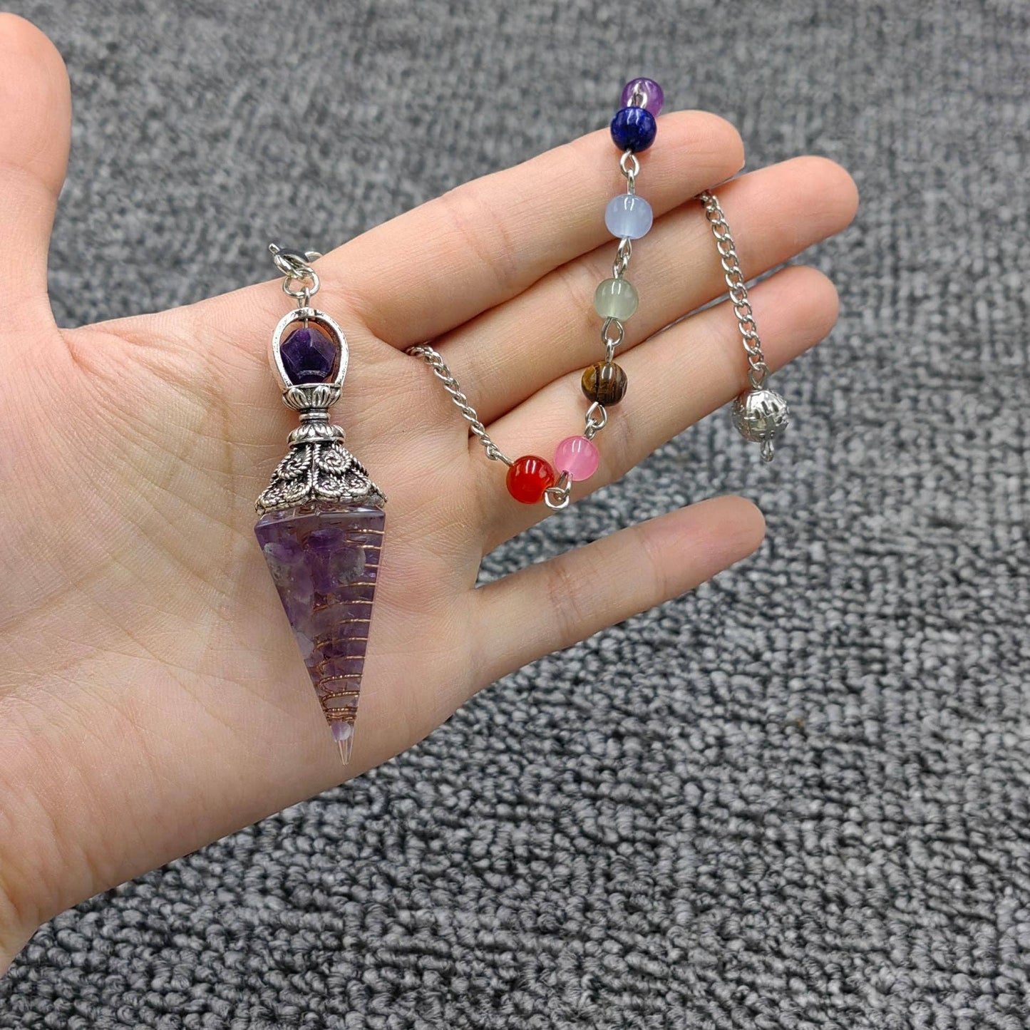 Hexagonal Cone Gravel Pendulum with Chakra Chain - CS
