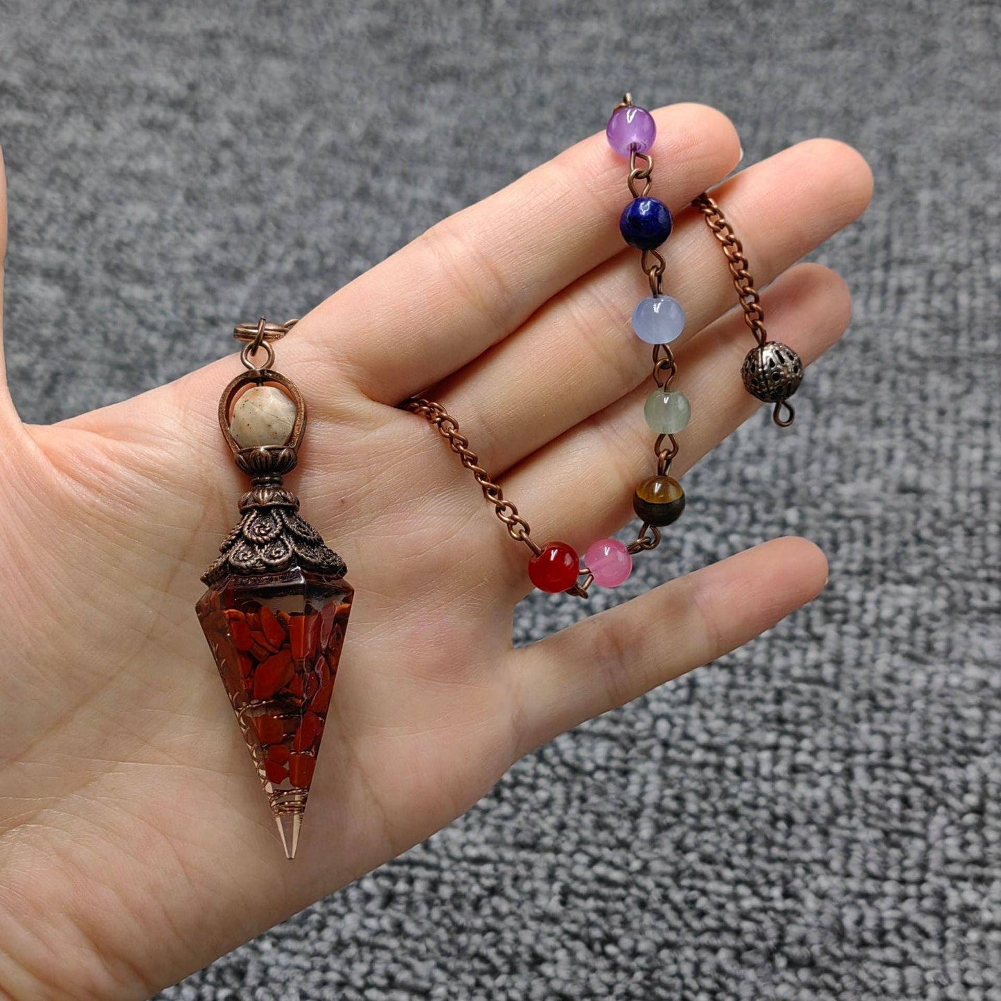 Hexagonal Cone Stone Pendulum with Chakra Chain - CS