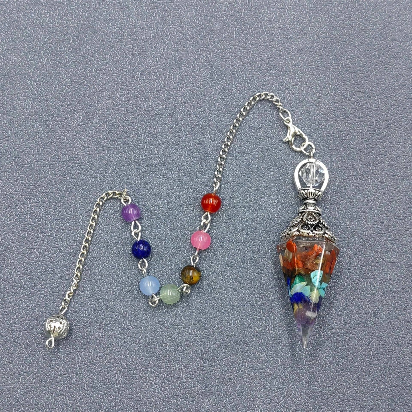 Hexagonal Cone Gravel Pendulum with Chakra Chain - CS