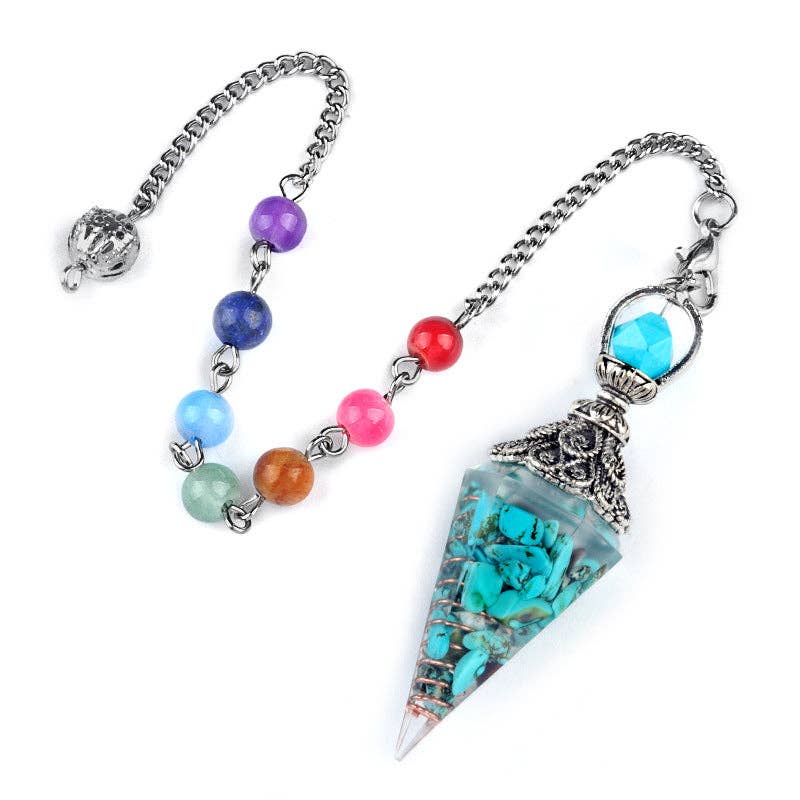 Hexagonal Cone Gravel Pendulum with Chakra Chain - CS