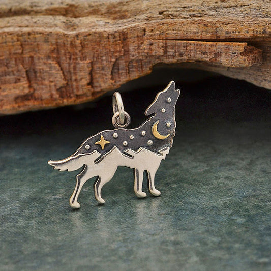 Sterling Silver Wolf Charm with Bronze Star and Moon
