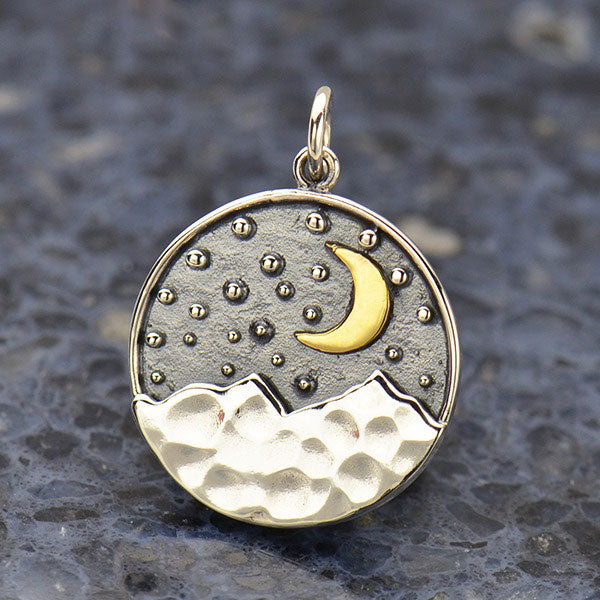 Sterling Silver Mountain Pendant with Bronze Moon